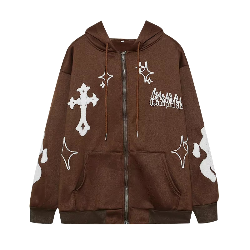 Europe and the United States Autumn and Winter Hoodie Embroidered Cross Fire Jacket plus Cashmere Lovers Loose Sweater