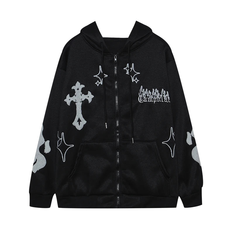 Europe and the United States Autumn and Winter Hoodie Embroidered Cross Fire Jacket plus Cashmere Lovers Loose Sweater