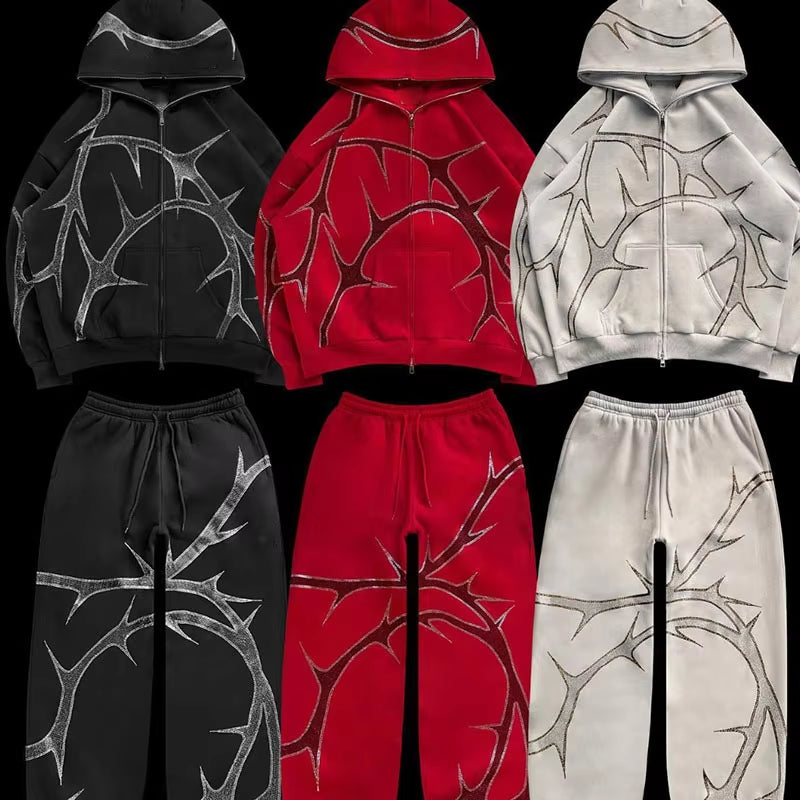 2024 Cross-Border Foreign Trade New Street Hoodie for Men and Women Hot Drill Zipper European and American Hoodie Set