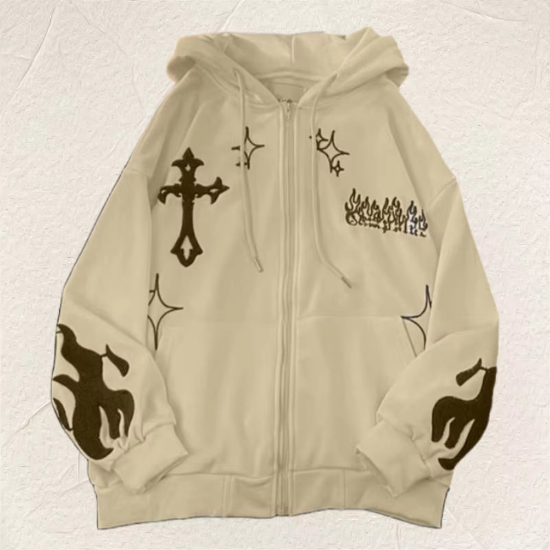 Europe and the United States Autumn and Winter Hoodie Embroidered Cross Fire Jacket plus Cashmere Lovers Loose Sweater