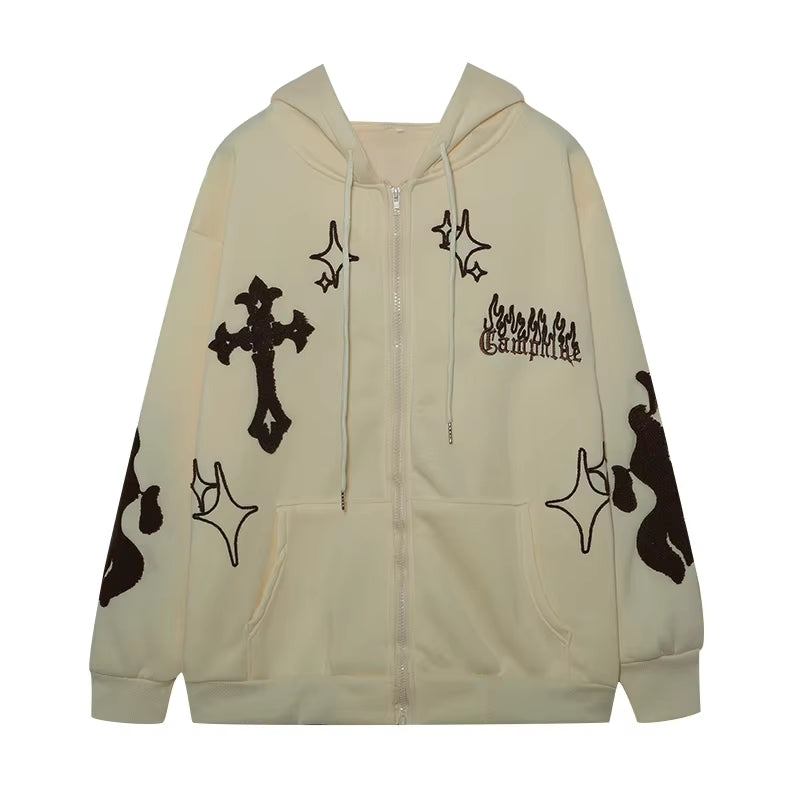 Europe and the United States Autumn and Winter Hoodie Embroidered Cross Fire Jacket plus Cashmere Lovers Loose Sweater