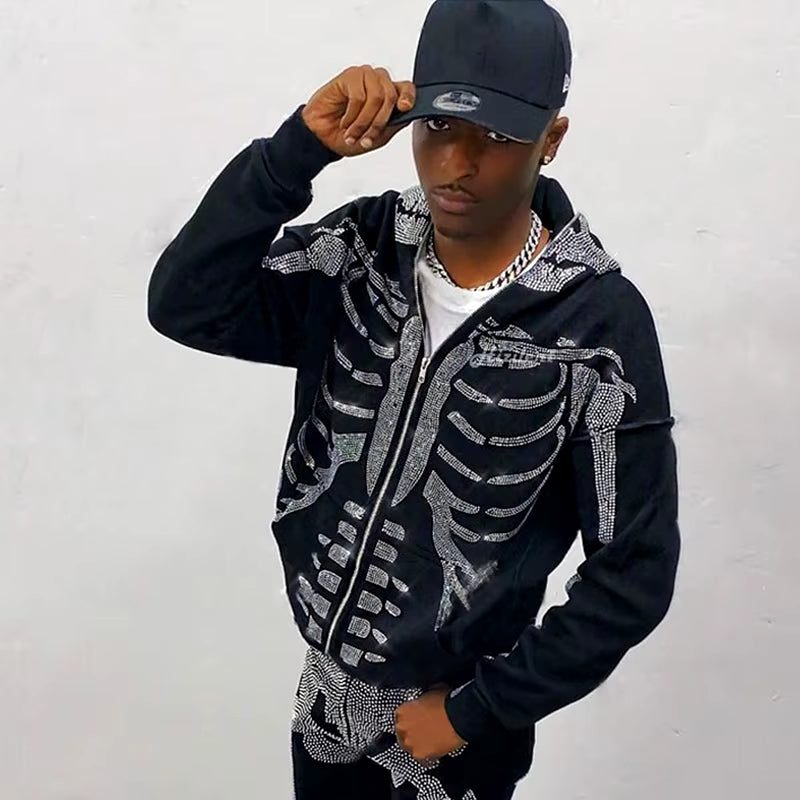 Gothic Long Sleeve Rhinestone Skeleton Hoodie Y2K Jacket Men Hoodies Oversized Full Zip Hoodie Goth Sweatshirt Sport Coat Autumn