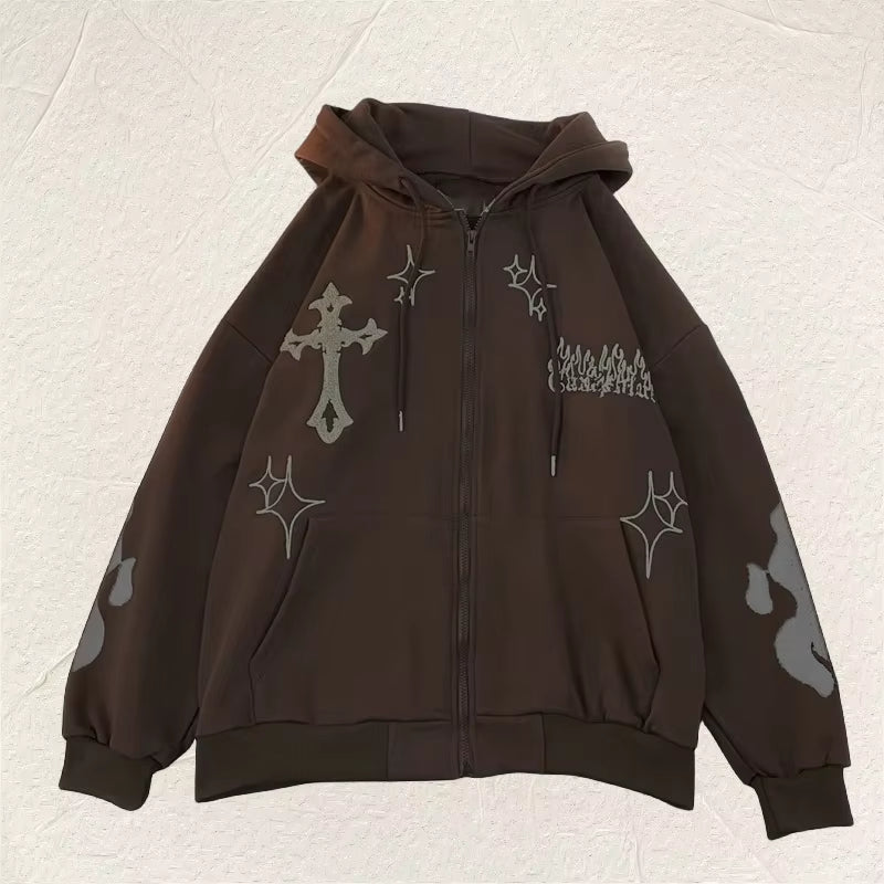 Europe and the United States Autumn and Winter Hoodie Embroidered Cross Fire Jacket plus Cashmere Lovers Loose Sweater