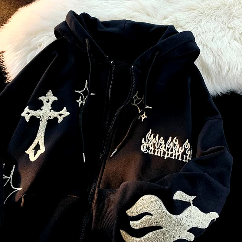 Europe and the United States Autumn and Winter Hoodie Embroidered Cross Fire Jacket plus Cashmere Lovers Loose Sweater