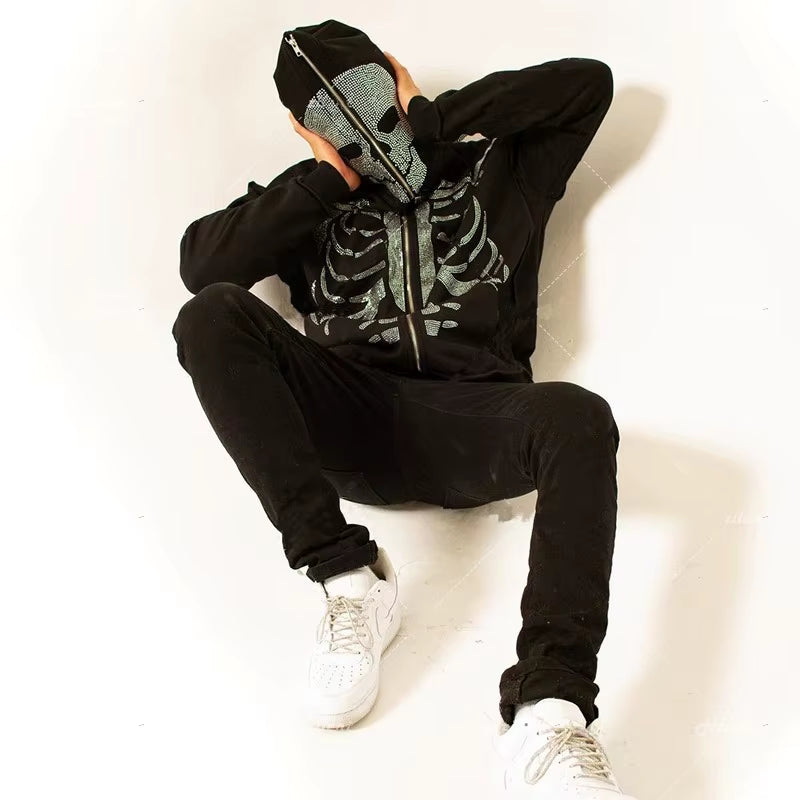 Gothic Long Sleeve Rhinestone Skeleton Hoodie Y2K Jacket Men Hoodies Oversized Full Zip Hoodie Goth Sweatshirt Sport Coat Autumn